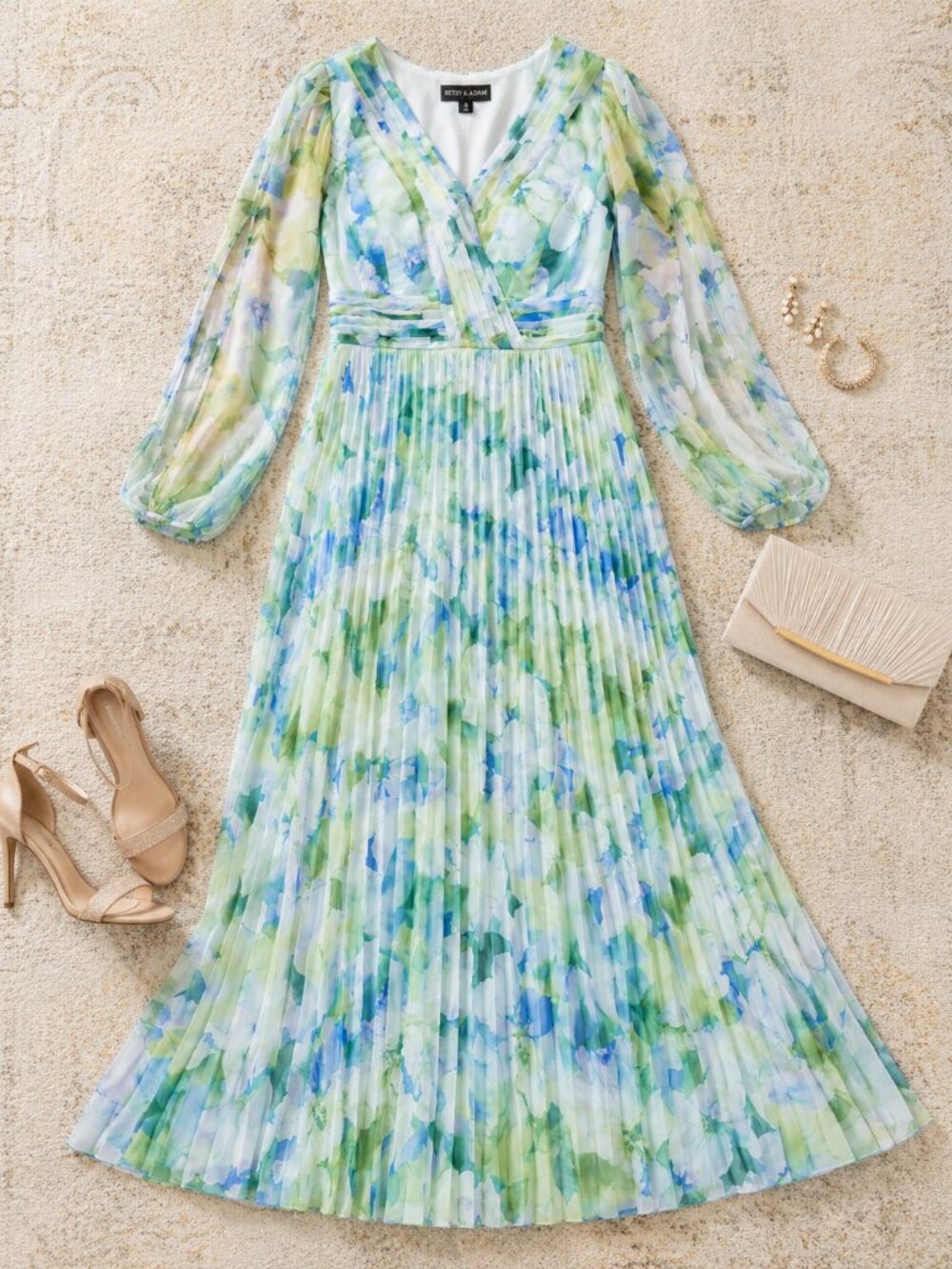 Betsy & Adam Pleated Blue Mix Long Sleeves Maxi Dress Formal Gown NWT
